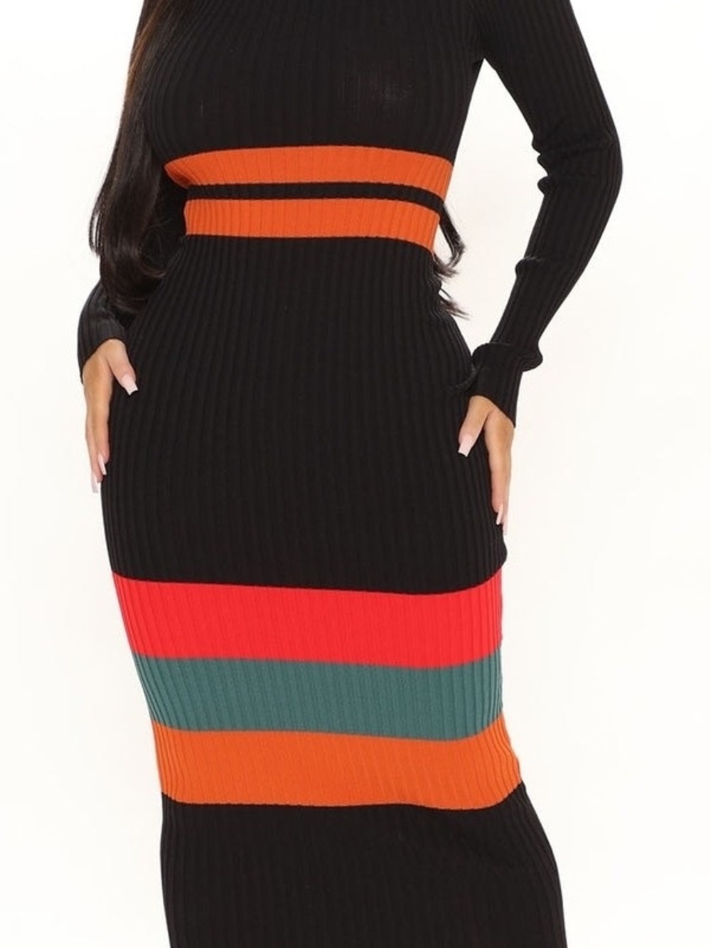 Black Ribbed Maxi Dress with Orange, Red, and Green Stripes